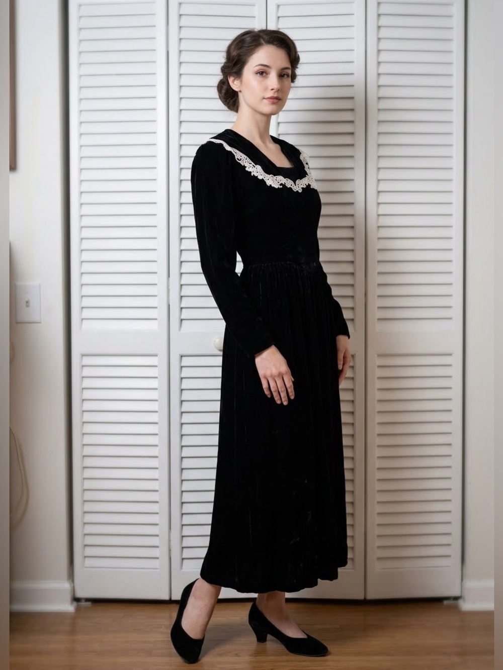 Gunne Sax Jessica McClintock Vintage Prairie Whimsygoth Black Velvet Dress Sz 5